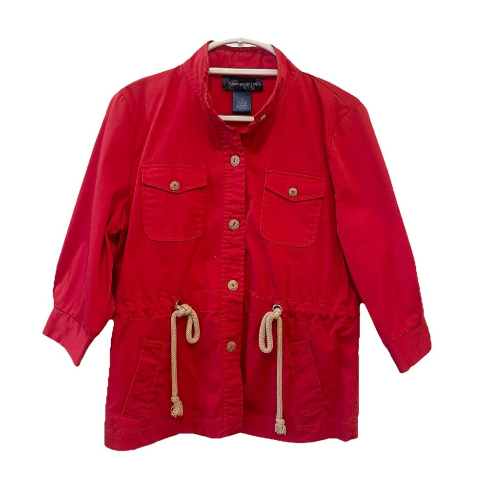Susan Graver Style Red Utility Jacket M Drawstring Waist Safari Cotton Blend QVC